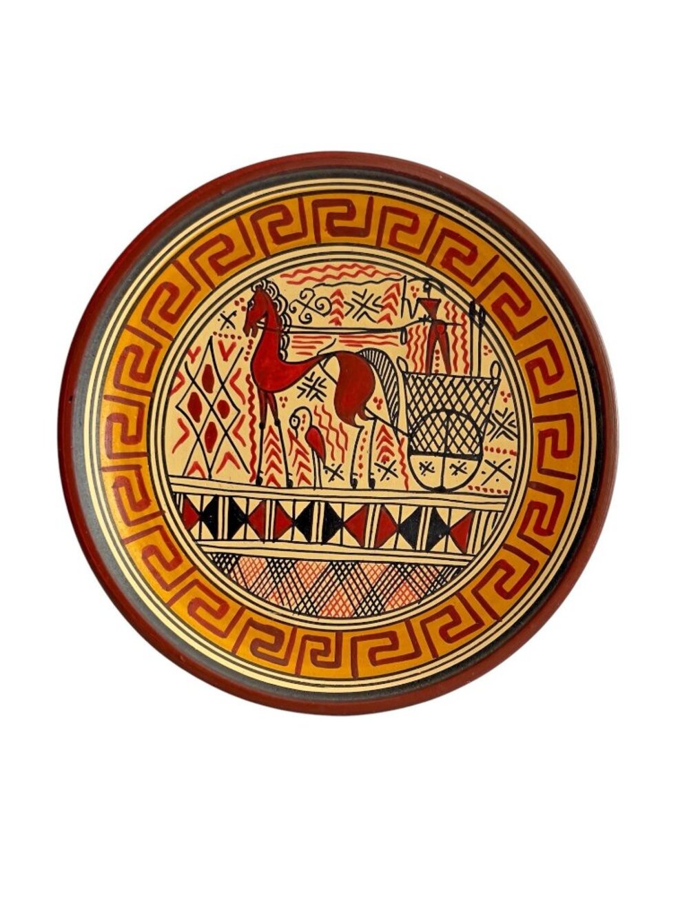 Vtg Savas Rodos Greek Pottery Plate Handmade Horse Chariot Geometric Terracotta